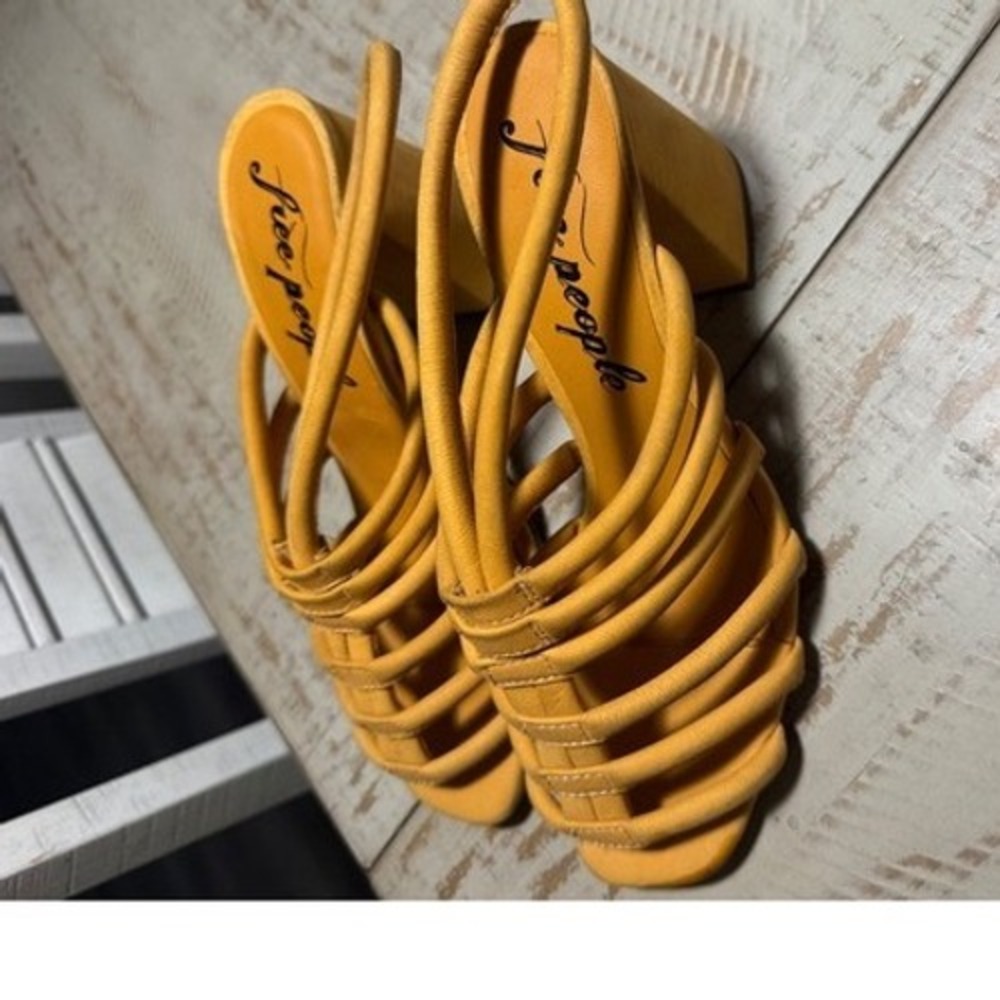 Free People Mustard Yellow Strappy Block Heel Sandals Size 38 Square Toe